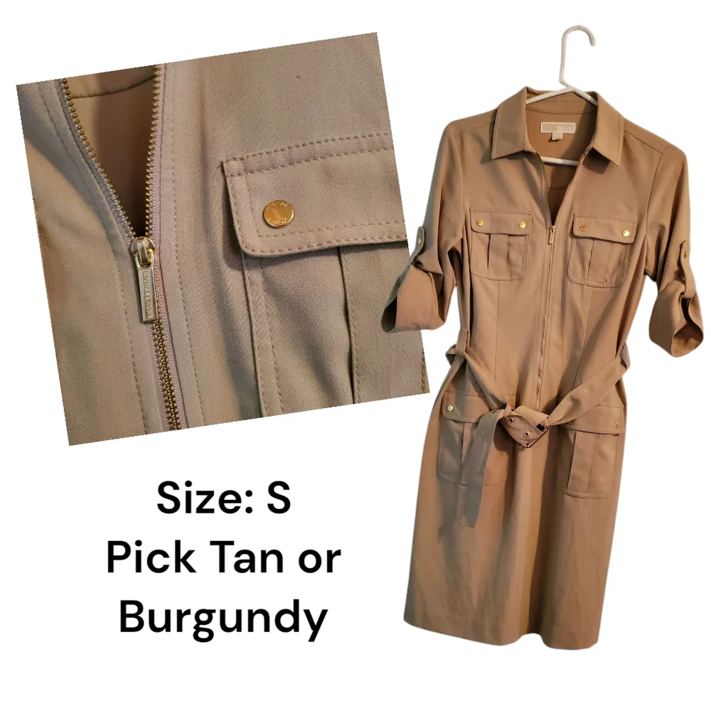 Michael Kors Burgundy or Tan Shirt Dress Goldtone Hardware Small - Picture 5 of 14